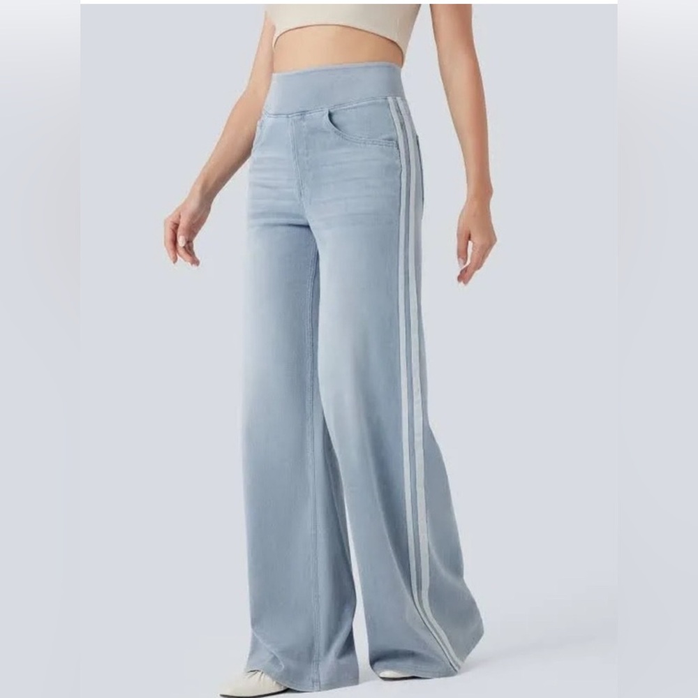 Halara Flex High Waisted Stripe Wide Leg Flowy Washed Casual Jeans with Pockets